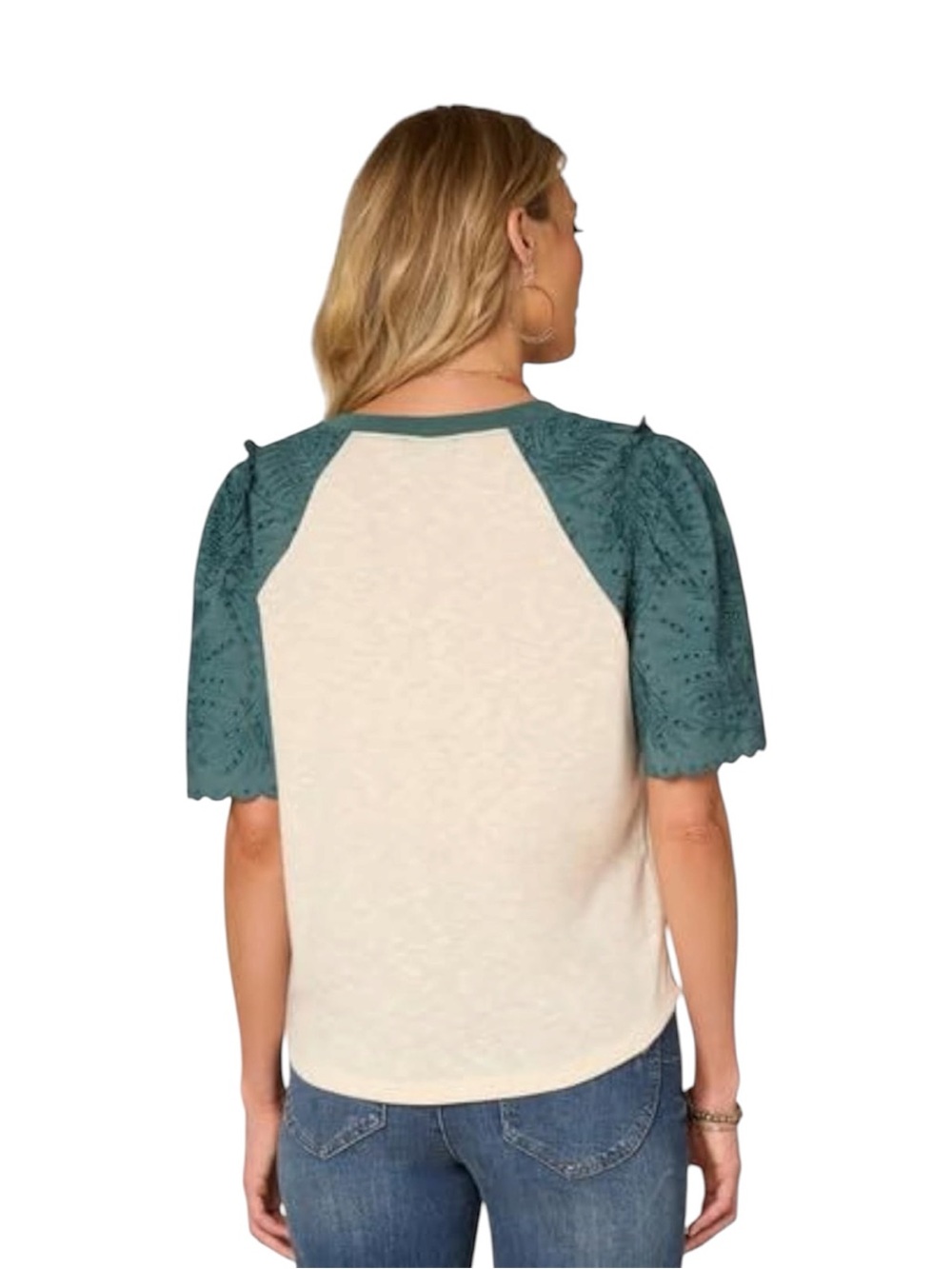 NWT Democracy Embroidered Eyelet Puff Raglan Sleeve Top Large Green Cream - Picture 3 of 8